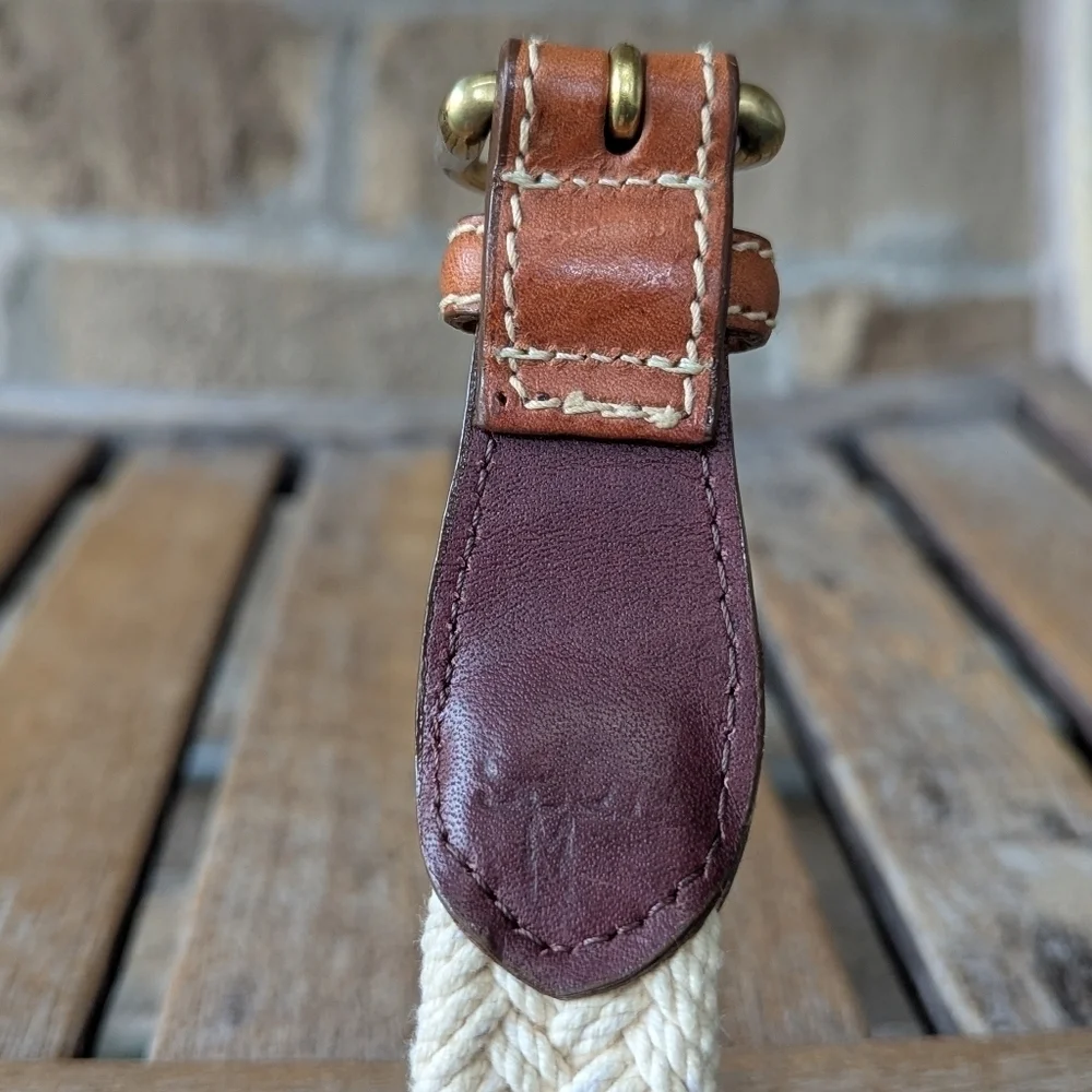 VTG 80s Eddie Bauer Woven Braided Rope Belt Medium Leather Brass Nautical